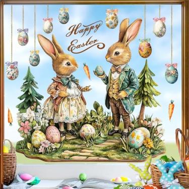 Imagem de Decalques de coelho vintage para decoração de janela de páscoa grande para vidro duplo lado removível pendurado ovo de páscoa adesivo de coelho rústico primavera para casa, sala de estar, suprimentos