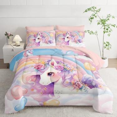 Imagem de Nttopship Conjunto de edredom Kawaii, arco-íris, unicórnio fofo, 7 peças, para decoração de quarto de meninas, conjunto de edredom alternativo para todas as estações