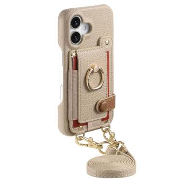 Imagem de FWYANZH Capa de couro para iPhone 16E, capa carteira com compartimento para cartão, suporte de anel com cordão transversal, capa de proteção antiqueda, cinza, 16E