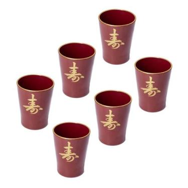 Imagem de Jogo De Copos Saquê 6 peças Com Ideograma Japonês Vermelho - AC