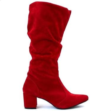 Imagem de Bota Vermelha Feminina Lirom Couro Camurça Cano Enrugado, Vermelho, 39