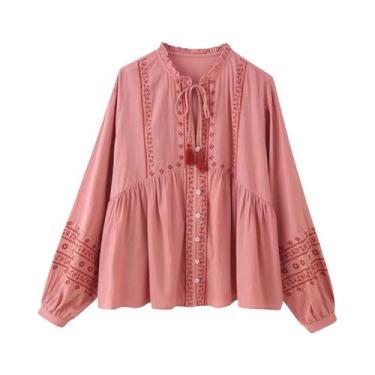 Imagem de Blusa Feminina Boho Bordada De Manga Longa Com Babados E Amarração Pri