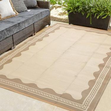 Imagem de Dunzy Tapete de pátio externo recortado, 1,5 x 2,4 m, tapete de palha de plástico antiderrapante para área interna e externa para trailer, acampamento, piscina, praia, varanda e quintal (marrom claro)