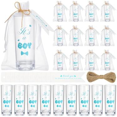 Imagem de Sliner 50 conjuntos de copos de chá de bebê para presente a granel para convidados incluem copos de shot de acrílico It's a Boy de 62,5 g e bolsa de organza de cartão para artigos de festa de