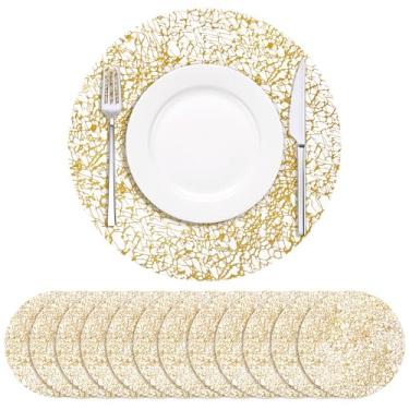 Imagem de Soleebee Pacote com 12 jogos americanos descartáveis, finos redondos de 33 cm, rede emaranhada dourada, carregador, jogo americano para casamento, festa de aniversário, mesa de jantar, decoração de