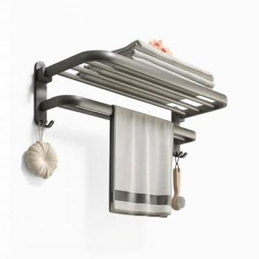 Imagem de Toalheiro Duplo para Banheiro Dobrável com Prateleira, Ganchos em Alumínio, Adesivos Sem Furo, Parede Durável e Resistente