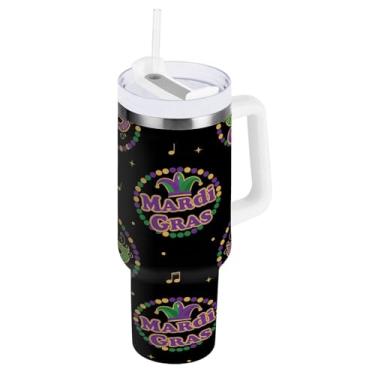 Imagem de Blueangle Copo isolado com motivo de carnaval de 850 g com alça e tampa de palha, caneca de viagem reutilizável de aço inoxidável (747)