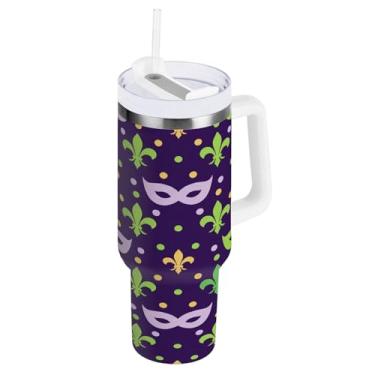 Imagem de Blueangle Copo isolado com motivo de carnaval de 850 g com alça e tampa de palha, caneca de viagem reutilizável de aço inoxidável (750)