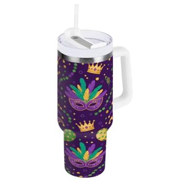Imagem de Blueangle Copo isolado de máscara de carnaval de 1,134 g com alça e tampa de palha, caneca de viagem reutilizável de aço inoxidável (716)