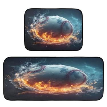 Imagem de xigua Conjunto de 2 peças de tapetes e tapetes de cozinha de beisebol de fogo no gelo, macio, absorvente para chão, tapete de cozinha, antiderrapante, conjunto de capachos, 50 x 120 cm + 50 x 70 cm