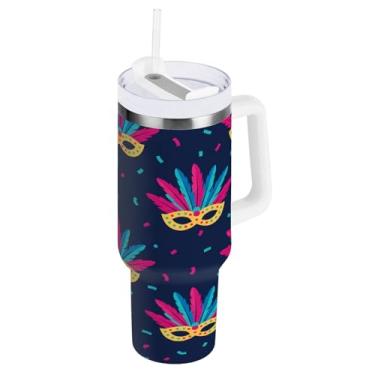 Imagem de Blueangle Copo isolado de máscara de carnaval de 1,134 g com alça e tampa de palha, caneca de viagem reutilizável de aço inoxidável (1001)