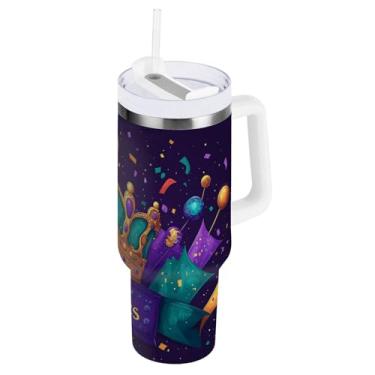 Imagem de Blueangle Copo isolado com coroa de carnaval de 1,134 g com alça e tampa de palha, caneca de viagem reutilizável de aço inoxidável (218)