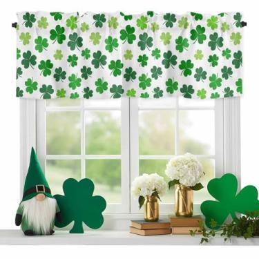Imagem de Lucky Shamrock Valances para janelas, trevos Dia de São Patrício com bolso para varão de cozinha, cortinas curtas de tratamento de janela pequena folha verde primavera para cozinha, café, sala de