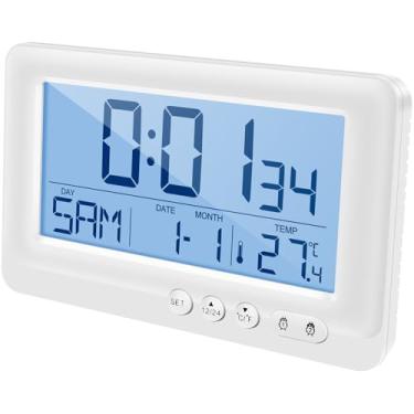 Imagem de KHZSPP Despertador digital, pequeno relógio LCD de cabeceira com luz de fundo de data e temperatura ajustável soneca e modo de fim de semana alimentado por bateria para viagens de escritório em casa