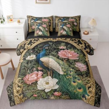 Imagem de Erosebridal Jogo de cama casal de pavão, boêmio, floral, pavão em uma bolsa, vintage, animais selvagens, boêmio, jardim, flor, preto com edredom