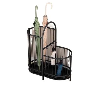 Imagem de x3anggyt5 Suporte de guarda-chuva de metal de camada dupla para entrada, suporte vazado sem suporte com ganchos e bandeja de água para decoração de escritório em casa, economiza espaço (preto)