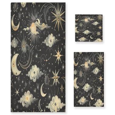 Imagem de xigua Conjunto de toalhas de banheiro estrelas e luas absorvente macio 3 peças toalha de banho toalha de mão toalhas decorativas para banheiro, academia, hotel, praia, piscina