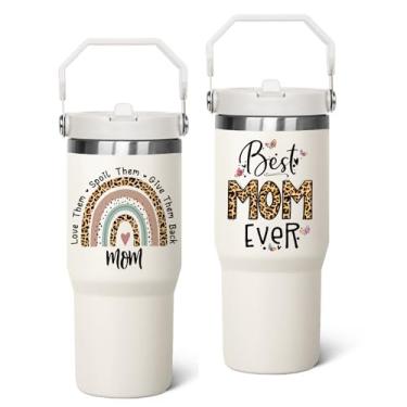 Imagem de qwpmvhsak Copo para mãe de 850 g com alça, tampa e canudo, Best Mom Ever caneca de café isolada a vácuo para viagem, presente de dia das mães, presentes de aniversário para a mãe