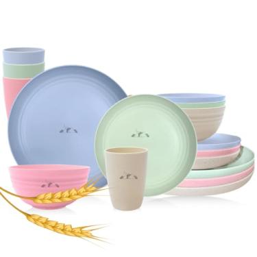 Imagem de LEXABEL 24 conjuntos de louça de palha de trigo para 4 conjuntos de pratos e tigelas reutilizáveis inquebráveis, leves, livres de BPA, seguro para micro-ondas, acampamento em trailer, copos coloridos
