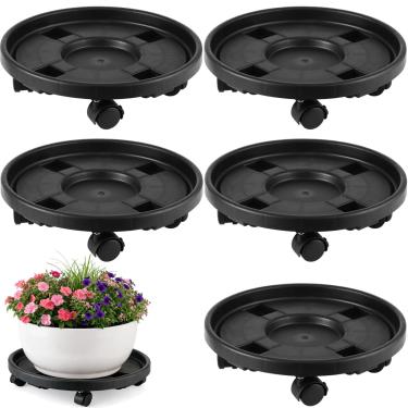 Imagem de Pacote com 5 suportes para plantas grandes de 33 cm com rodas, carrinho de plástico para plantas com rodízio de trava, rolos, rolos, suportes redondos para plantas, pires em rodas, base interna e