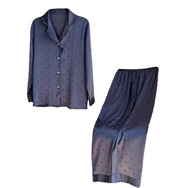 Imagem de Pijamas para mulheres, confortável, clássico, conjunto de roupa de dormir, manga comprida, decote em V, roupa de dormir, casual, roupa de dormir, roupa de dormir com botões de duas peças, G, azul