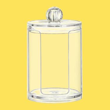 Imagem de Suporte redondo de algodão de 293 ml com tampa, organizador de almofadas de maquiagem de plástico transparente com compartimento lateral em forma de U, dispensador vertical para círculos de algodão