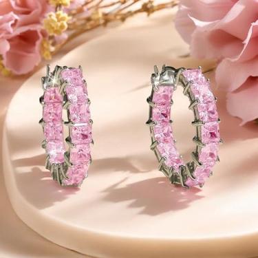 Imagem de Brincos de argola cintilantes micro incrustados de zircônia cúbica para mulheres, casamentos, banquetes, joias elegantes, One size, Cobre, Zircônia cúbica