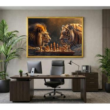 Imagem de Quadro Decorativo Leão vs Tigre Jogando Xadrez Sala Hall Escritório 100x70cm (02, Dourado, 100x70)