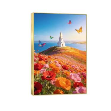 Imagem de BMZFYBS Impressão em tela de paisagem pronta para pendurar - flores de primavera borboletas - pintura de arte de parede - decoração de casa moderna imagem moldura dourada 50 x 75 cm 20 x 30 pol
