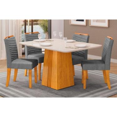 Imagem de Cozinha Completa Italia Tampo Madeirado Com Vidro 120x90cm E 4 Cadeiras Julia Cedro Off White Suede Lunar