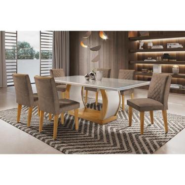 Imagem de Kit Mesa C- Tampo Vidro Canto Curvo 180cm + 6 Cadeiras Imbuia Chocolate