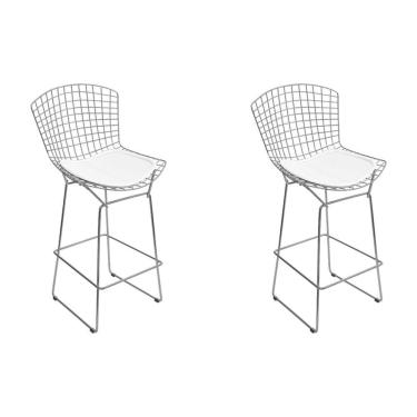 Imagem de Kit 2 Banquetas Bertoia Cromada D70 Com Assento Sintético Branco