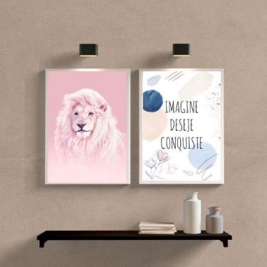 Imagem de Quadros Leão Rosa Imagine Conquiste 24x18cm Moldura Branca