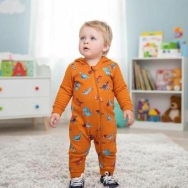 Imagem de Macacão em Moletom c/ Capuz Bebê Menino Dinos Damasco - ReiRex-Masculino