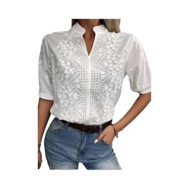 Imagem de Blusa Feminina Vintage Branca De Algodão Com Bordado, Decote V, Manga 