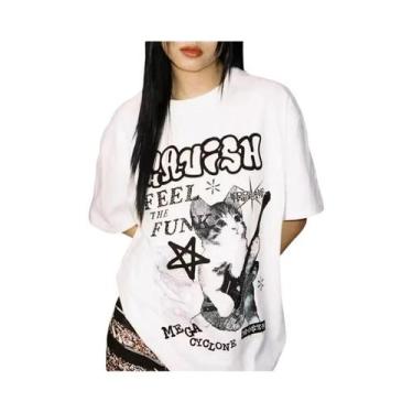 Imagem de Camiseta Gráfica Oversized Feminina De Verão, Estilo American Cat Rock
