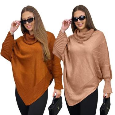 Imagem de Kit 2 Ponchos Bico Tricot Casaco Mousse Macio Feminino Casual Com Punh
