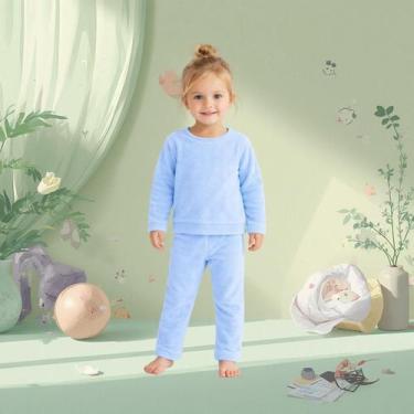Imagem de Pijama Manga Longa Comprida Infantil Menino Menina Inverno Fleece Azul