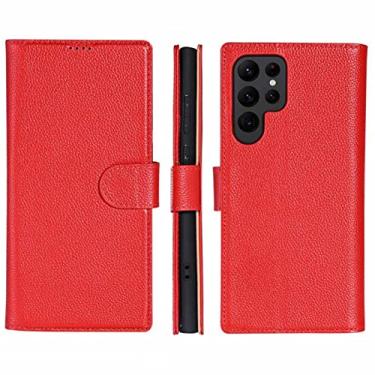 Imagem de Capa para Samsung Galaxy S22/S22+/S22 Ultra, Capa de couro legítimo fina com suporte slot para cartão de crédito Proteção de câmera à prova de choque Flip Carteira Capa, vermelha, S22 6 polegadas