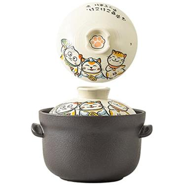 Imagem de Caçarola de cerâmica com tampa, panela de argila estilo japonês panela de sopa redonda panelas de cerâmica resistentes ao calor, para cozinha e cozinhar, forno, máquina de lavar louça e micro-ondas, gato, 3,0L