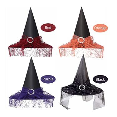 Imagem de Wemay Chapéu de bruxa de dia das bruxas assustador chapéu de aba larga pontiagudo presente de dia das bruxas para homens mulheres crianças fantasia cosplay festa festa decoração