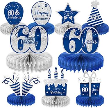 Imagem de 9 peças de decorações de aniversário de 60 anos de prata azul para decorações de mesas, decoração de mesa de 60 anos, decoração de colmeia de 60 anos para homens e mulheres, festa de aniversário de 60 anos