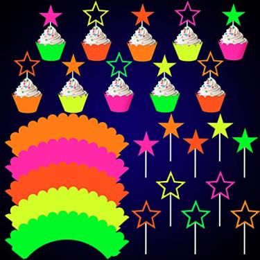 Imagem de 40 peças de decoração de festa neon brilhante enfeites de bolo neon estrela de néon para bolo e cupcake de aniversário escolha de cupcake para brilhar neon aniversário festa de Halloween casamento luz