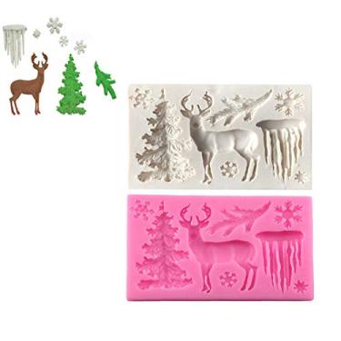 Imagem de ORIONE Molde de silicone tema de Natal 2 peças alce floco de neve árvore cervo fondant sobremesa cubo de gelo doce molde de chocolate
