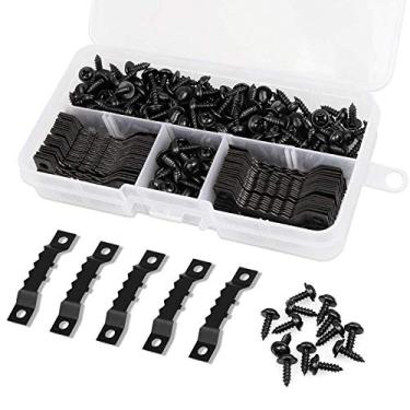 Imagem de Kit de cabides de imagem incluindo 100 peças de ganchos para pendurar com moldura de dente de serra, orifício duplo e 200 peças de parafusos para pendurar pinturas de relógio, moldura de ilustração, fotos de gancho (preto)
