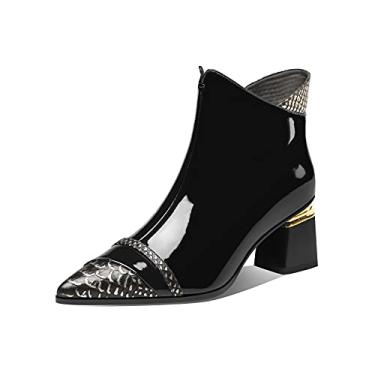 Imagem de TinaCus Bota feminina brilhante de couro envernizado feito à mão salto bloco bico fino zíper lateral pele de cobra tornozelo elegante, Preto, 7.5