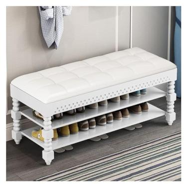 Imagem de Prateleira de sapatos banco de sapatos, banco de entrada rack de 2 níveis, banco de sapateira com tampa flip e almofada acolchoada, banco com moldura de madeira maciça sapateira empilhável (cor: