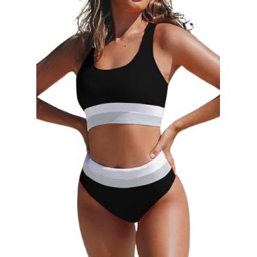 Imagem de Hilinker Biquíni feminino de cintura alta com recorte esportivo crop top color block, Preto, branco, M
