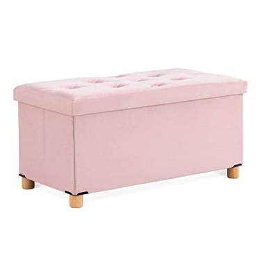 Imagem de BRIAN & DANY Puff de armazenamento dobrável, banco de apoio de pés de flanela cubo de assento com pés e tampa de madeira, 76,2 cm x 38,1 cm x 38,1 cm, rosa