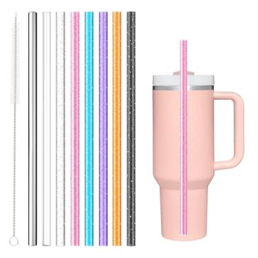 Imagem de Canudos de substituição de cor 8 peças para Stanley Owala Simple Modern, Alwenid Canudos de aço inoxidável transparentes reutilizáveis com glitter e acessórios para caneca de copo, livre de BPA e
